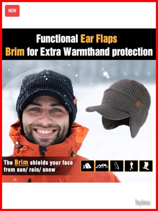 Merino Wool Waterproof Beanie with Brim and Earflaps Fleece Lined main image 6